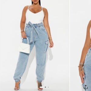 Fashion nova High-Waist Light Blue Paperbag Cargo Jeans with Tie Belt Jumpsuit